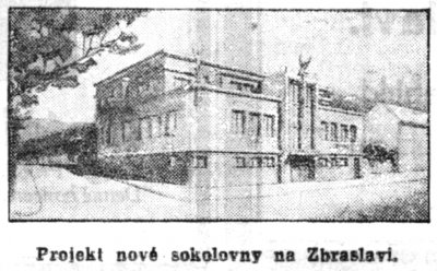 Nezrealizovaný návrh sokolovny na Zbraslavi pravděpodobně od arch. Hynka Svobody - zdroj:Národní Listy 8.6.1928