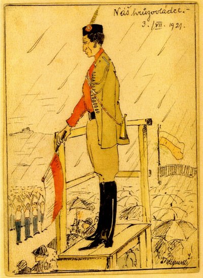 Náčelník Sokolské župy Plzeňské a velitel IV. pluku stráže svobody Emil Štrunc v karikatuře Karla Křepiňského