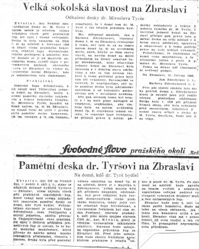 Dobové články ke slavnostnímu znovuodhalení pamětní desky 8.9.1946 - zdroj: archiv Sokola Zbraslav 