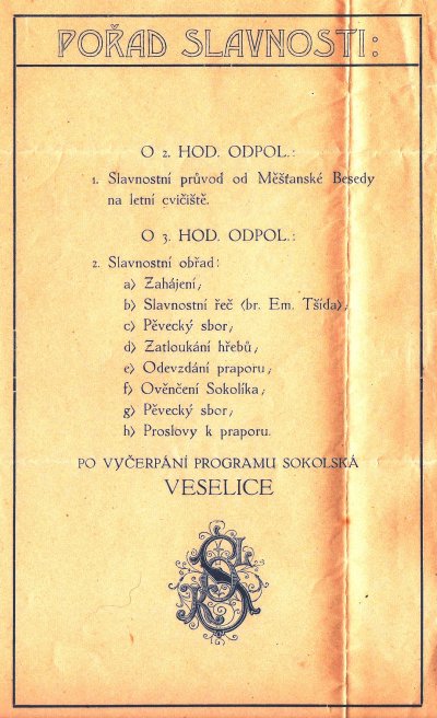 Dobový leták s programem slavnosti rozvinutí praporu Sokola Plzeň II., zdroj: archiv Pavla Michalce