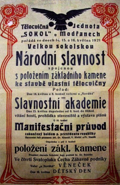 Plakát k Národním oslavám a k položení základního kamene sokolovny, zdroj: 110 let Sokola Modřany