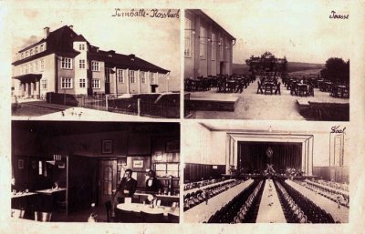 Exteriéry a interiéry rossbašské Turnhalle, lokál vlevo dole zůstal prakticky nezměněn dodnes (zdroj: http://www.thonbrunn.cz/hospody/G_Rossbach7_cz.php)