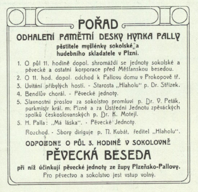pořad slavnostního odhalení této pamětní desky (periodikum Plzeňské besedy, rok 1909)