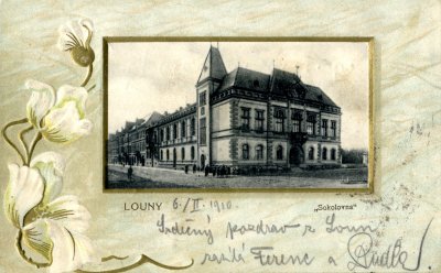 Pozdrav z Loun, sokolovna na dobové pohlednici, zdroj: archiv ČOS