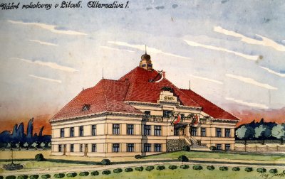 Jeden z nerealizovaných návrhů sokolovny, Muzeum Litovel, zdroj: ZAJÍČEK, Petr. Sokol Litovel: historie a současnost, str. 83
