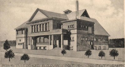 návrh sokolovny ob architekta F. Krásného (dobová pohlednice)