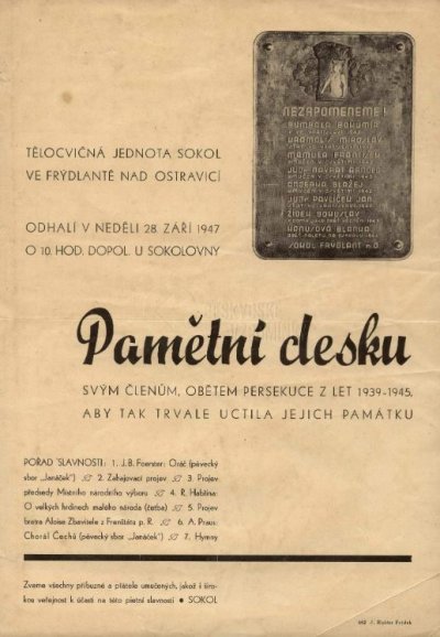původní pozvánka na pietní akt odhalení pomníku, rok 1947 (zdroj https://www.beskydskevzpominky.cz/)