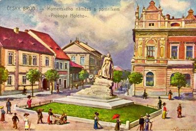 kolorovaná pohlednice s pomníkem; zdroj: cestyapamatky.cz