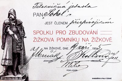 dobová účtenka Spolu pro vybudování pomníku, v té době přispívalo obrovské množství sokolských jednot z celé republiky