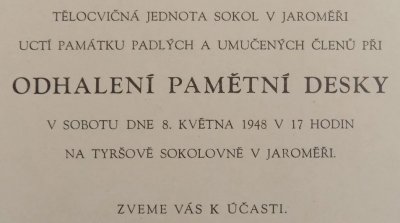 scan pozvánky na slavnostní odhalení desky, rok 1947