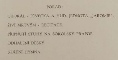 scan pozvánky na slavnostní odhalení desky, rok 1947